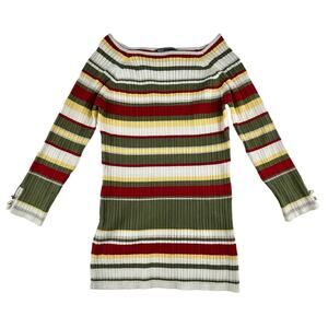 HAVEN | Off Shoulder S Boat Neck Long Sleeve Long Green Red Striped Sweater